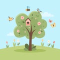 Cherry blossom tree, welcome spring card with cute elements. Hand drawn flat cartoon elements. Vector illustration