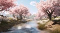 Cherry blossom trees along a river in springtime. Generative AI