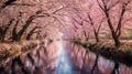 Cherry blossom trees along a river in springtime. Generative AI