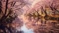 Cherry blossom trees along a river in springtime. Generative AI