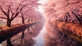 Cherry blossom trees along a river in springtime. Generative AI