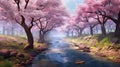 Cherry blossom trees along a river in springtime. Generative AI