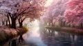 Cherry blossom trees along a river in springtime. Generative AI