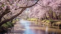 Cherry blossom trees along a river in springtime. Generative AI