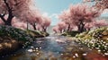 Cherry blossom trees along a river in springtime. Generative AI