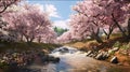 Cherry blossom trees along a river in springtime. Generative AI