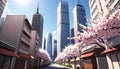 Cherry Blossom Trees Along the Urban Street With Towering Skyscrapers and Blue Sky. Generative AI Royalty Free Stock Photo