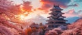 Cherry blossom trees frame a beautiful Japanese temple, creating a serene and enchanting scene, Ai Generated