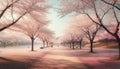 Cherry blossom trees lining a park pathway Royalty Free Stock Photo