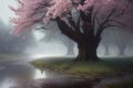 Cherry blossom trees in the misty forest with a pond