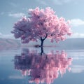 A cherry blossom trees reflection shimmers in the lake