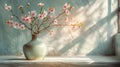 Cherry blossom vase in sunlit room - generative ai Royalty Free Stock Photo