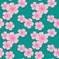 Cherry blossom, vector seamless pattern, pink flowers on a green background Royalty Free Stock Photo