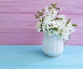 Cherry blossoming branch vase on a colorful wooden background Royalty Free Stock Photo