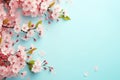 Cherry blossoms on blue background with falling petals with copy space