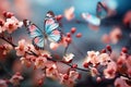 Cherry blossoms with butterflies in the spring season, pink japanese sakura, fruit tree, botanic Royalty Free Stock Photo