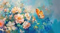 Cherry blossoms and butterfly. Oil painting. Beautiful Sakura flowers and a fluttering butterfly. Orange and blue tones