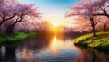 Cherry blossoms and cherry trees along the river at sunset. AI Generated Royalty Free Stock Photo