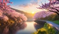 Cherry blossoms and cherry trees along the river at sunset. AI Generated Royalty Free Stock Photo