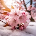 Cherry Blossoms cover by snow in the winter, reflection by the sun