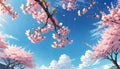 Cherry blossoms flowers with blue sky and white cloud background . Generative AI Royalty Free Stock Photo