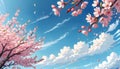 Cherry blossoms flowers with blue sky and white cloud background . Generative AI Royalty Free Stock Photo