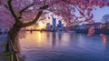 Cherry blossoms framing a sunset cityscape by the river Royalty Free Stock Photo