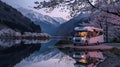 Cherry blossoms in full bloom around a parked luxury motorhome create a tranquil retreat by the mountains