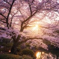 Cherry blossoms in full bloom with sunlight filtering through branches over a serene pond Royalty Free Stock Photo