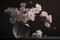 Cherry blossoms in glass vase on dark background. Springtime still life. Generative AI Royalty Free Stock Photo