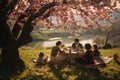 Cherry blossoms and happy family sitting at table in the garden, A family having a picnic under a cherry blossom tree, AI Royalty Free Stock Photo