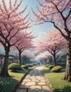 Cherry Blossoms Over a Park Pathway Royalty Free Stock Photo