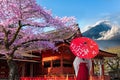 Cherry Blossoms of Shrine`FUJISAN HONGU SENGENTAISHA ` Fujinomiya City Japan and Mt.Fuji background