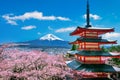 Cherry blossoms in spring, Chureito pagoda and Fuji mountain in Japan