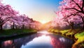 Cherry blossoms and cherry trees along the river at sunset. AI Generated Royalty Free Stock Photo