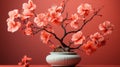Vibrant Pink Cherry Blossoms In Zbrush Style Vase On Red Background