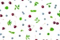 Cherry and blueberries with mint leaves on white background. Top view