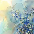 Cherry branches in bloom watercolor background