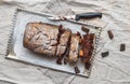 Cherry brownie with almond and dark chocolate cut into pieces on Royalty Free Stock Photo