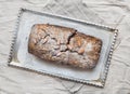 Cherry brownie with almond and dark chocolate on a silver tray Royalty Free Stock Photo