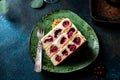 Cherry cake. Russian cake. Traditional dessert. Piece of cake. Berries, dessert. Red currant. White currant. Portion of