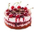cherry cake with whipped cream and meringues isolated