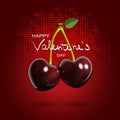 Cherry card. Cherries in the form of hearts. Happy Valentine`s Day. Vector