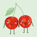 Cherry cartoon characters. Romantic couple. Red berry pair. Happy fruits with funny smiling faces and legs. Loving food