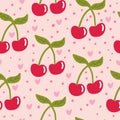 Cartoon cherry seamless pattern with hearts and dots.