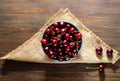 Cherry in ceramic bowl on burlap texture on wooden background with sunlight, sweet summer food.Flat lay,copy space, closeup Royalty Free Stock Photo
