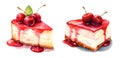 Cherry cheesecake dessert, watercolor clipart illustration with isolated background