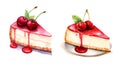 Cherry cheesecake dessert, watercolor clipart illustration with isolated background