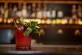 Cherry cocktail with fresh mint leaves decoration on wooden table Royalty Free Stock Photo