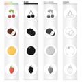 Cherry, coconut flesh, delicious fruit orange, strawberry berry. Fruits set collection icons in cartoon black monochrome Royalty Free Stock Photo